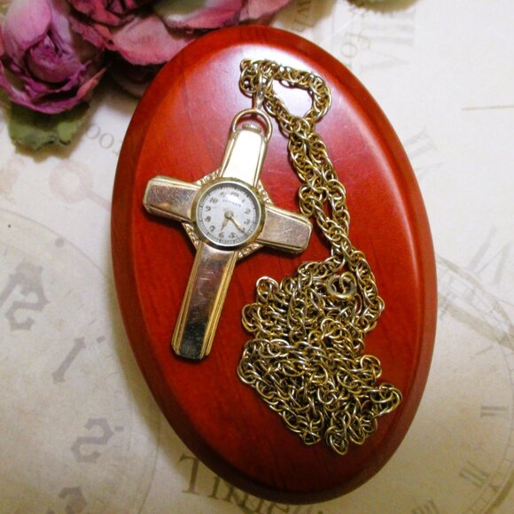 GOTHAM Gold Filled Swiss Cross Watch Necklace~ VINTAGE Mechanical Watch Necklace main image 10